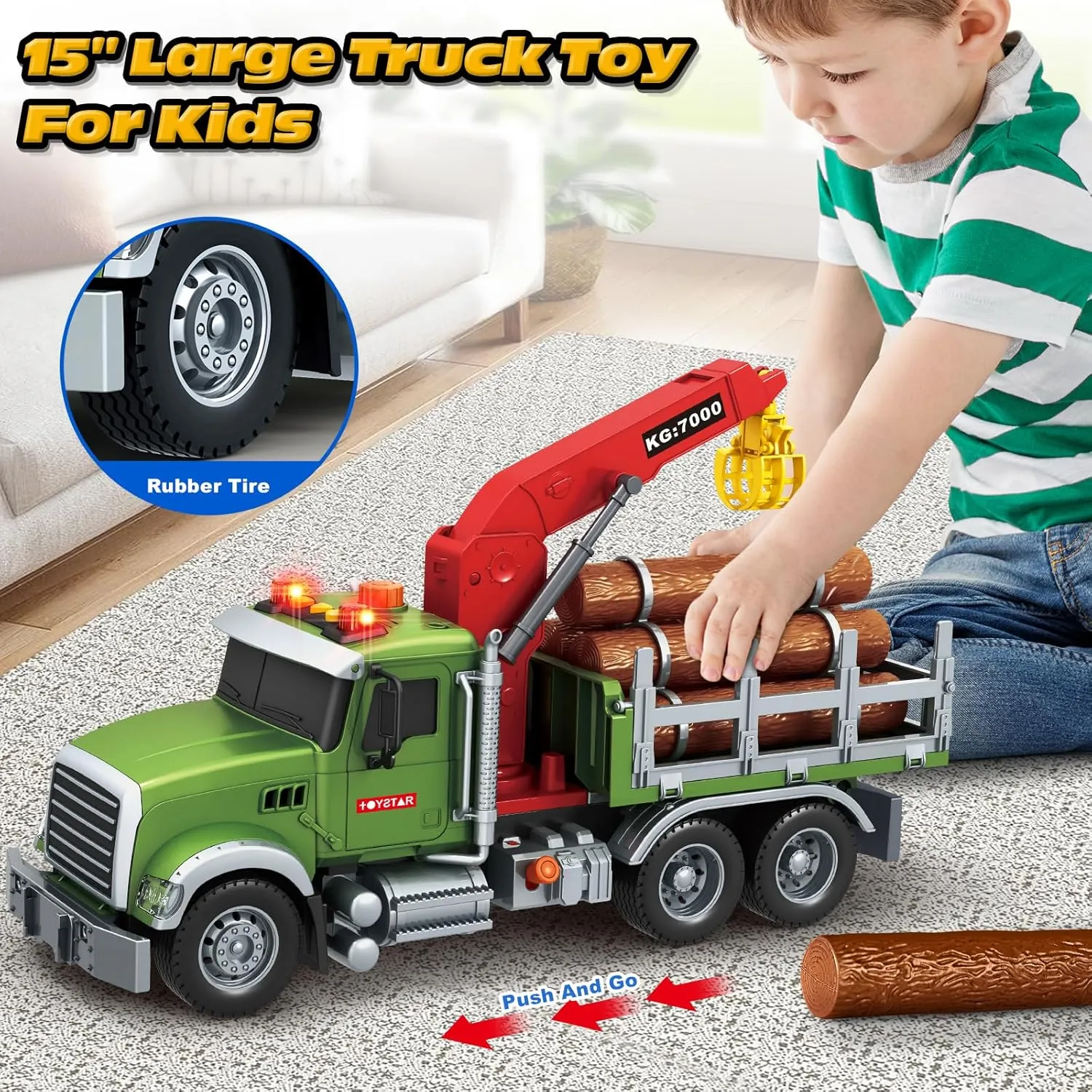 SpringFlower Toy for 3 4 5 6 Year Old Boys, Farm Truck Toy with Farm Trunk,Vehicle Timber Truck Toy with Loading Crane & Lights & Sounds, Kids Birthday Gifts for Boys Toddlers Girls