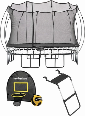 Springfree Trampoline 11 ft x 11 ft Large Square   FlexrHoop   FlexrStep V2 Bundle – Springless Fun with Goal Hoop and Ladder Attachment Accessories