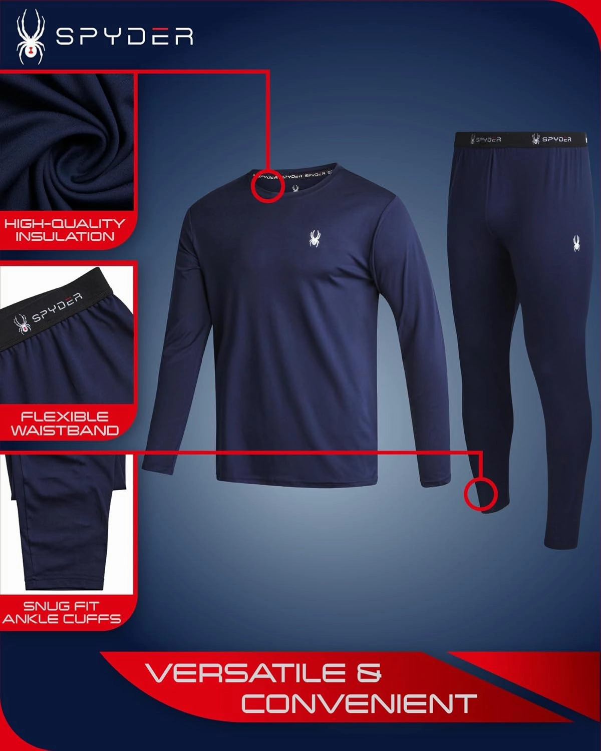Spyder Men's Thermal Underwear Set - 2 Piece Brushed Back Fleece Lined Long Johns Base Layer Set for Men (Sizes: S-XL)