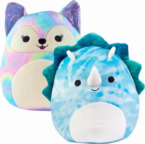 Squishmallows 8" Fox & 10" Dinosaur 2-Squish Rainbow Tie Dye Value Pack - Get Two Official Jazwares Plush for Less - Collectible Soft & Squishy Stuffed Animal Toy Gift Set for Kids, Girls & Boys