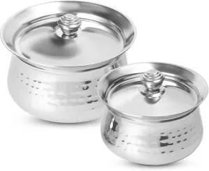 Stainless Steel Biryani Handi Set | Premium Steel Hammered Finish Tope, Patila Handi | with Hammered Design, Tableware & Serveware for Home, Kitchen, Hotel & Restaurants (1.5 Quart & 2.5 Quart)