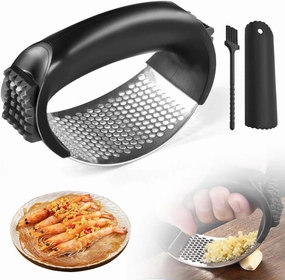 Stainless Steel Garlic Presser, 2025 Upgrade Garlic Press Rocker, Stainless Steel Garlic Mincer Crusher with Peeler, Cleaning Brush for Smash Garlic Kitchen Tools Kitchen Gadgets (1)