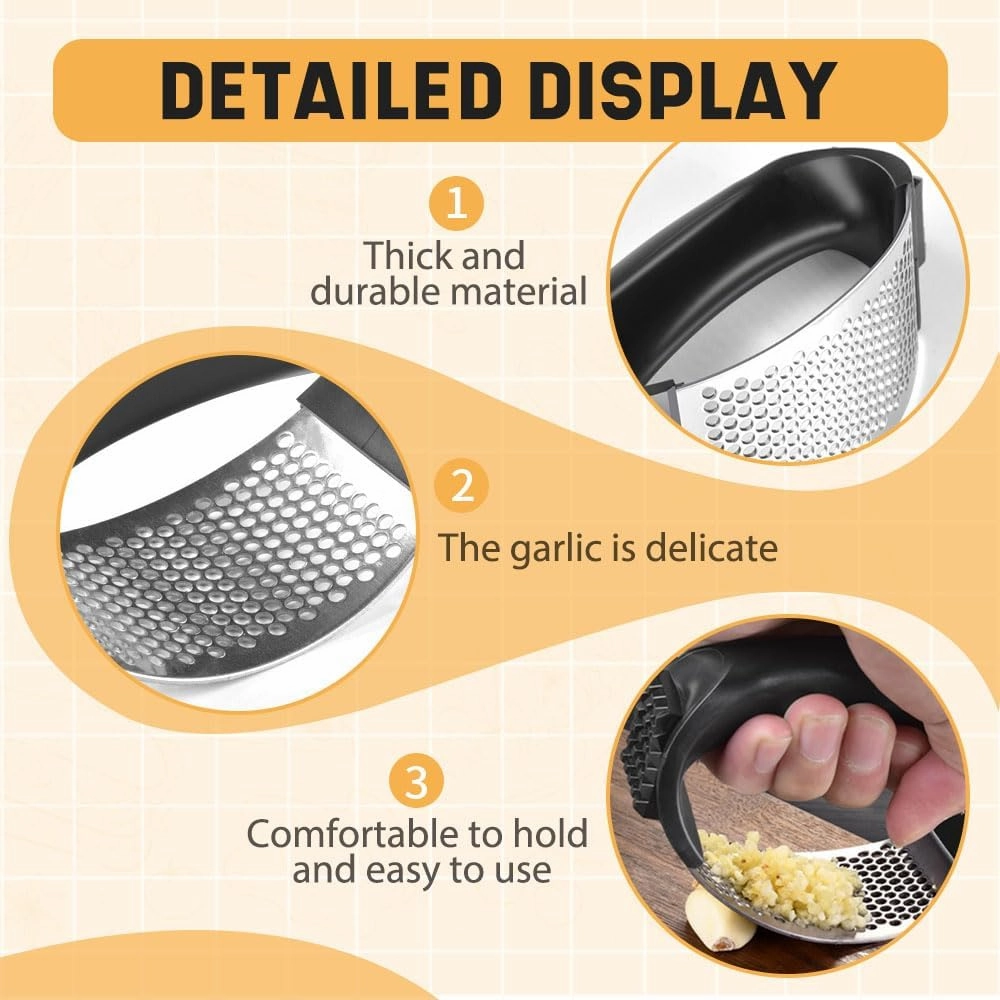 Stainless Steel Garlic Presser, 2025 Upgrade Garlic Press Rocker, Stainless Steel Garlic Mincer Crusher with Peeler, Cleaning Brush for Smash Garlic Kitchen Tools Kitchen Gadgets (1)
