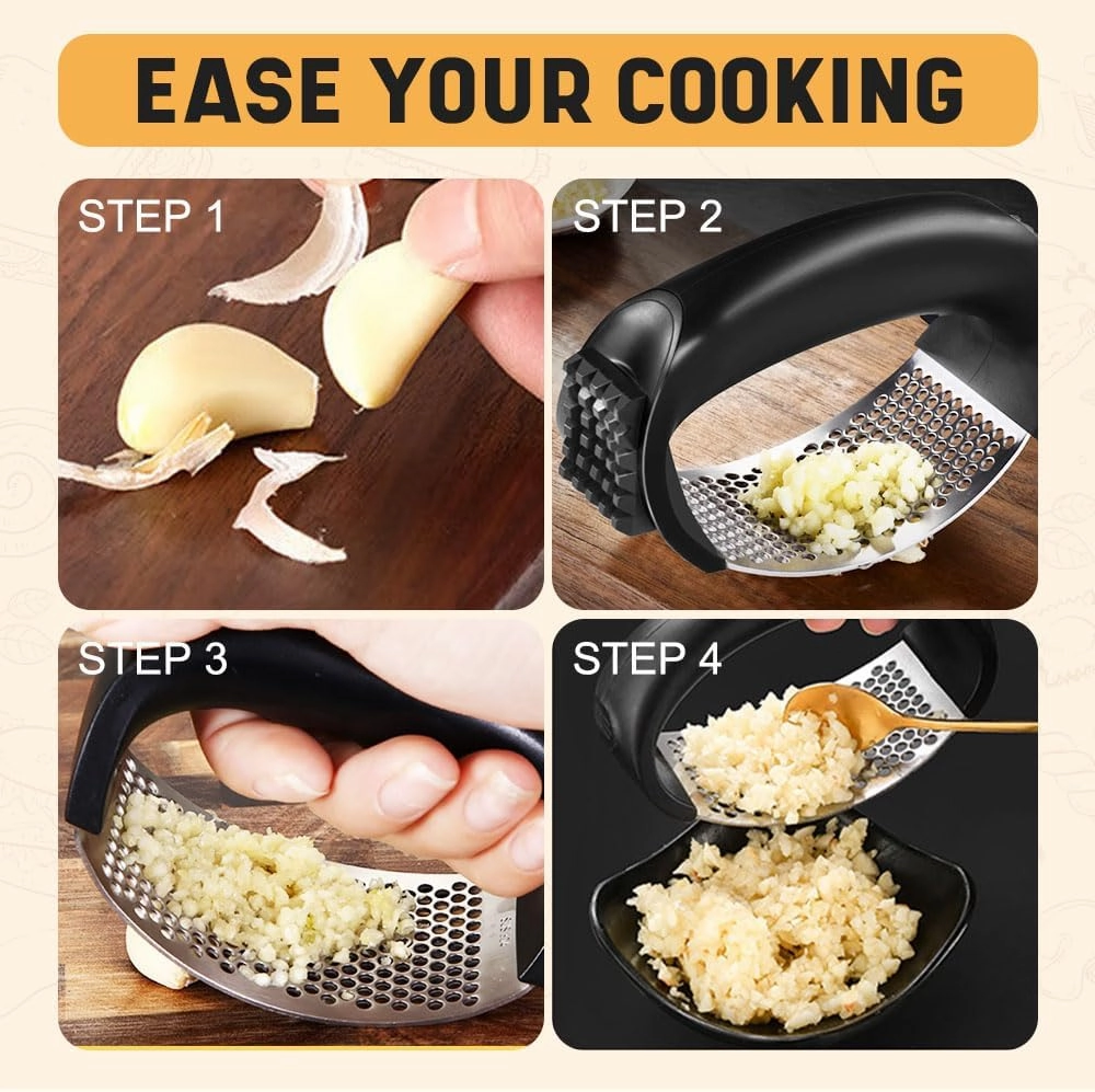 Stainless Steel Garlic Presser, 2025 Upgrade Garlic Press Rocker, Stainless Steel Garlic Mincer Crusher with Peeler, Cleaning Brush for Smash Garlic Kitchen Tools Kitchen Gadgets (1)