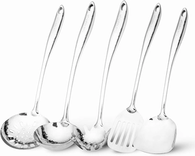 Stainless Steel Kitchen Utensils Set – 5 Piece Metal Cooking Utensils Set & Large Serving Utensil – Includes Spatula, Ladle, Slotted Spatula, Spaghetti Server & Skimmer