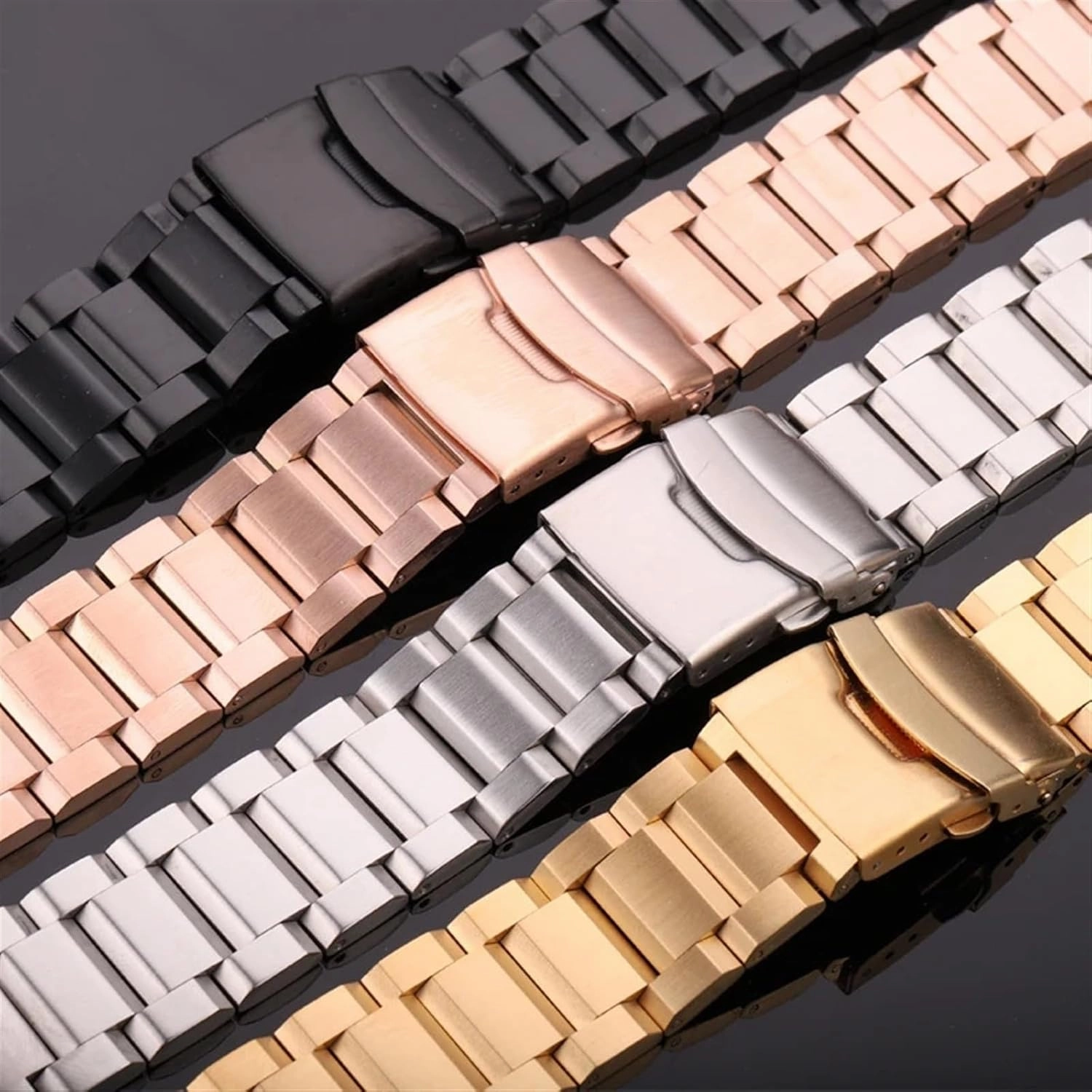Stainless Steel Strap Chain Bracelet Style 18mm 20mm 22mm 24mm Silver Rose Gold Black Same Metal Strap