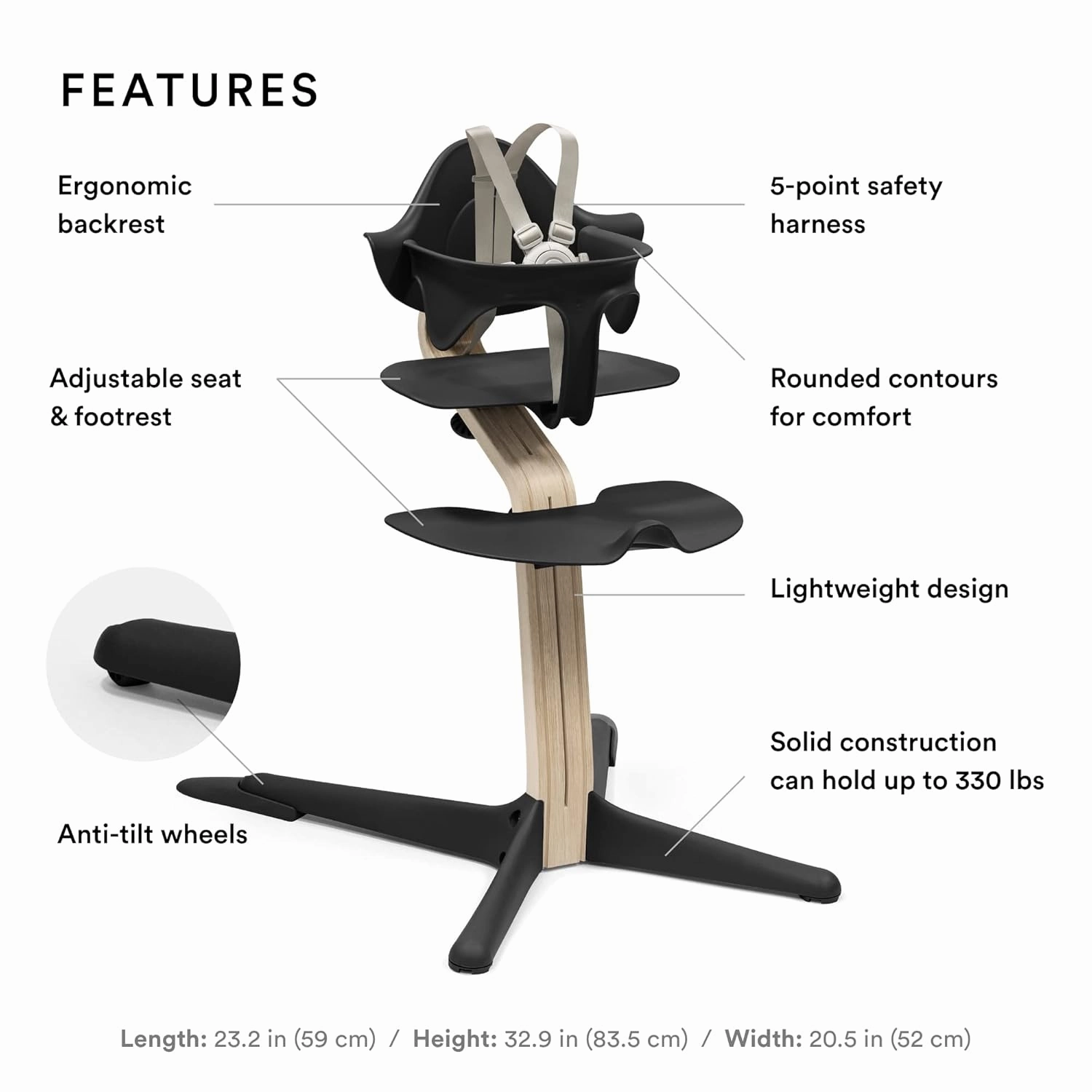 Stokke Nomi High Chair, Black/Natural - Inspires Active Sitting - Tool-Free, Seamless Adjustability - Includes Baby Set with Removable Harness for Children 6-24 Months