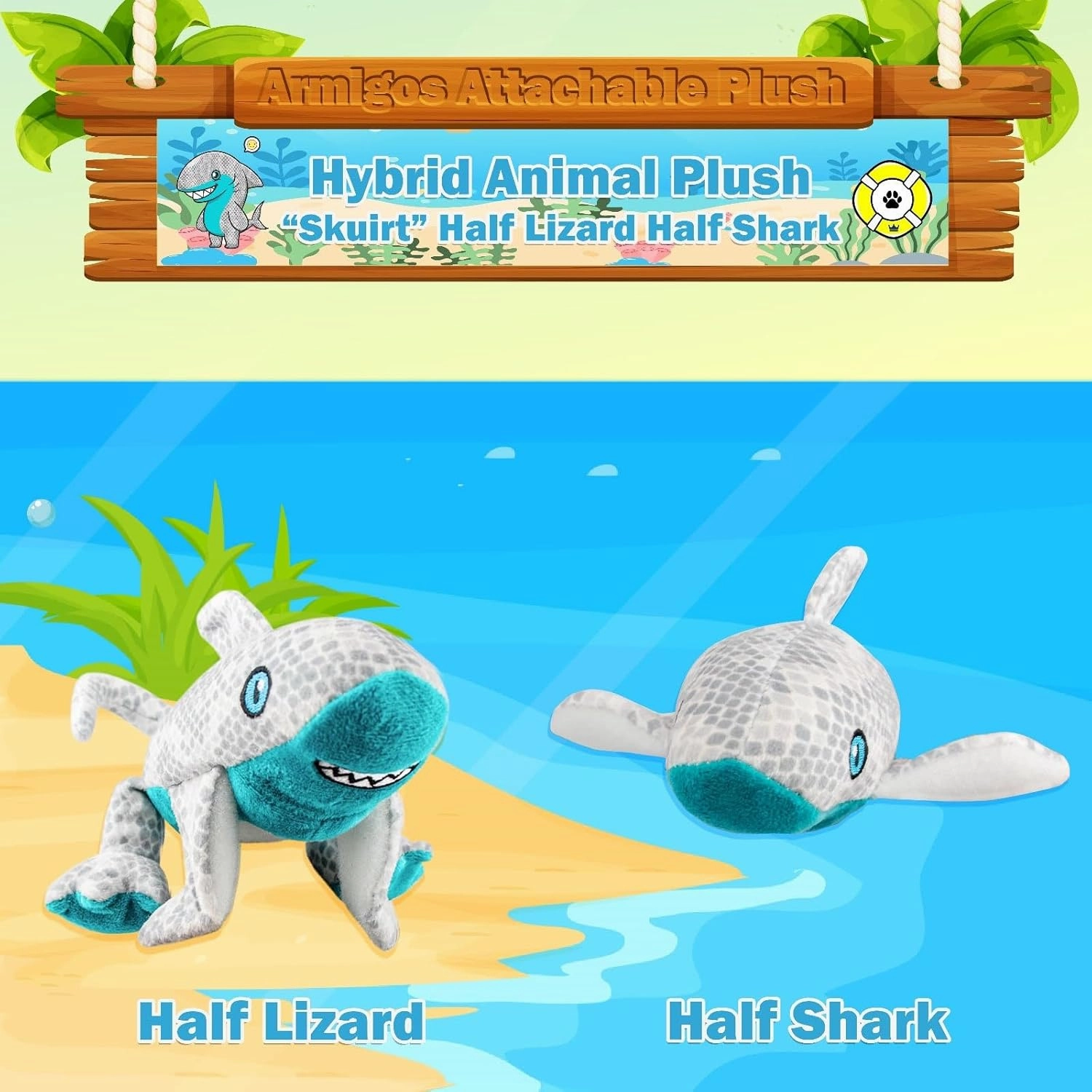 Stuffed Animal, Plush Toys, Lizard & Shark Plush Hybrid, Attaches to Armband, Safer Alternative to Animal Slap Bracelet, (Squirt)