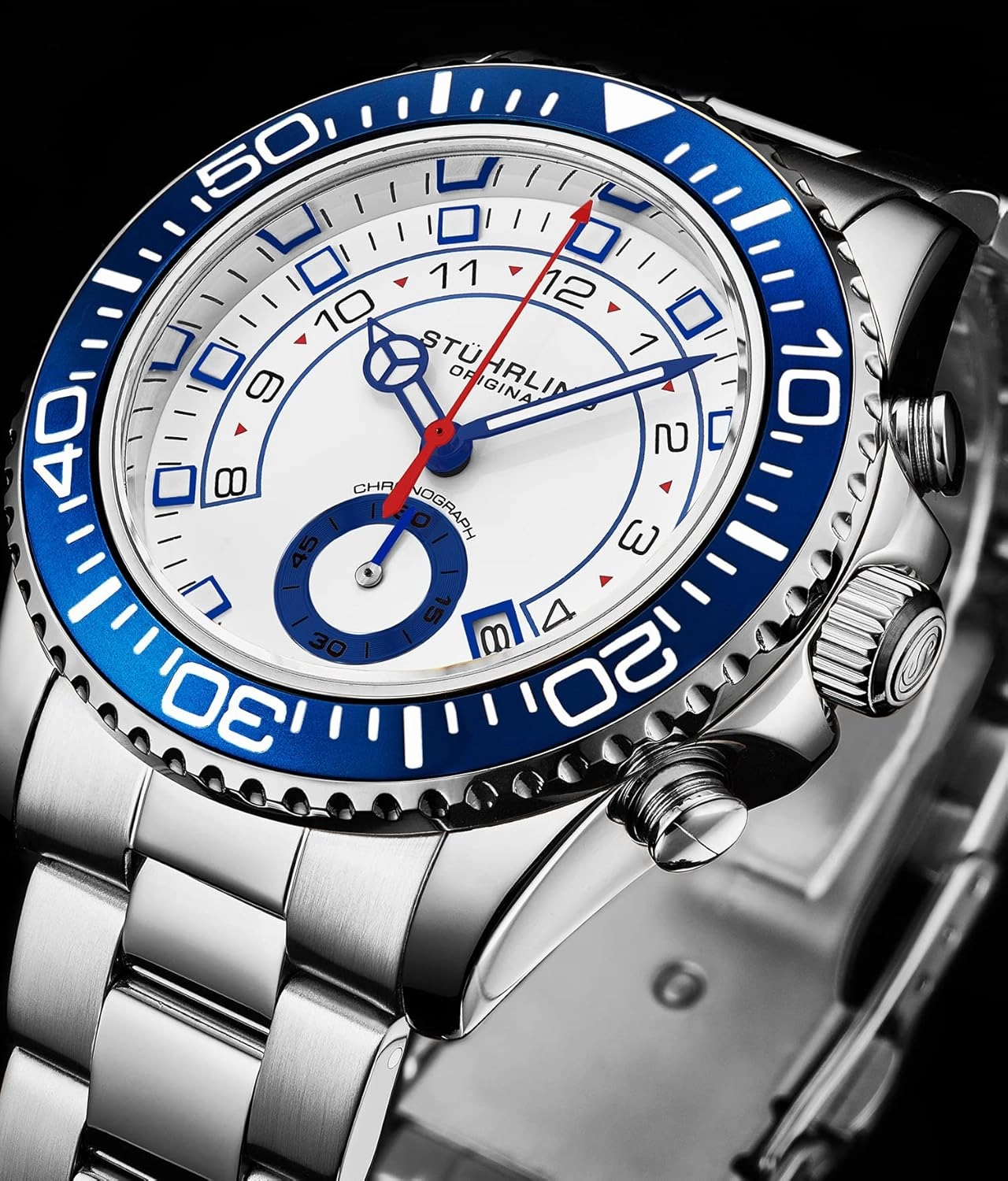 Stührling Original Men's Chronograph Dive Watch with Stainless Steel Bracelet Quickset Date Screw Down Crown Water Resistant up to 10 ATM