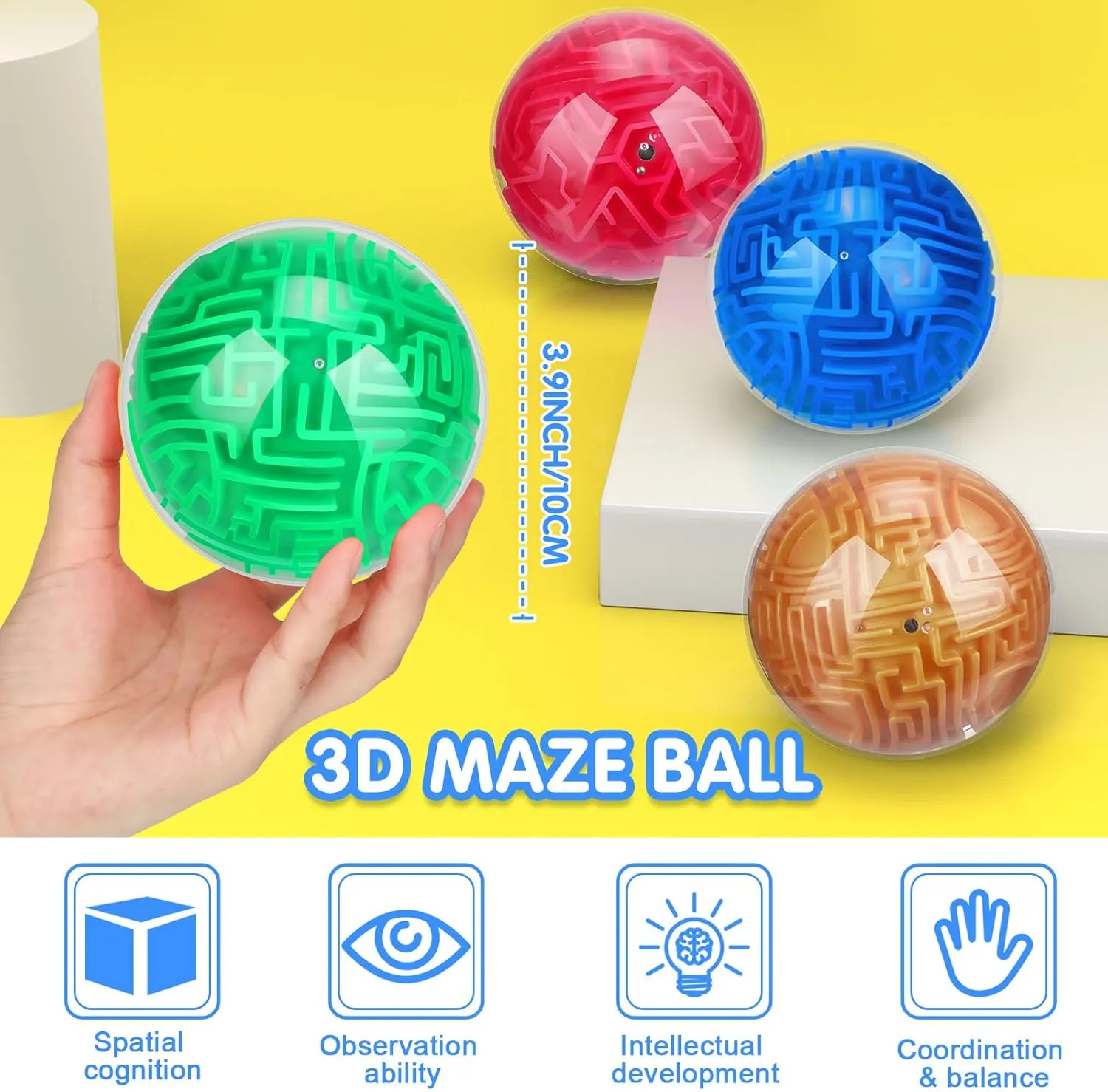 Sumind 4 Pcs 3D Puzzle Maze Ball Magic Brain Teasers Games Memory Sequential Gravity Maze Cube Ball Sphere Educational Puzzle Toys for Adults Teens Hard Challenges(Blue, Green, Rose Red, Gold)