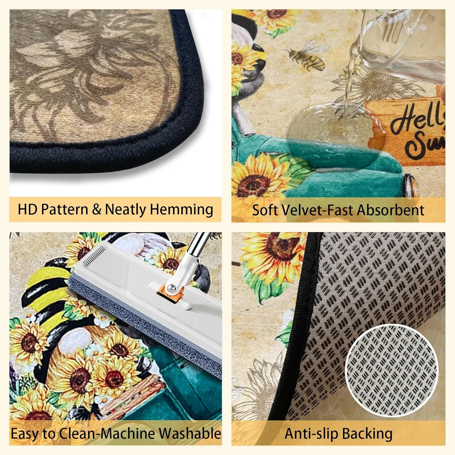 Sunflower Kitchen Rugs,Non Skid Washable Microfiber mats for Kitchen Floor,Bee Truck Theme Kitchen Cushioned Runner Rug Decor Sets of 2 Pieces,17"x 47" 17"x 30"