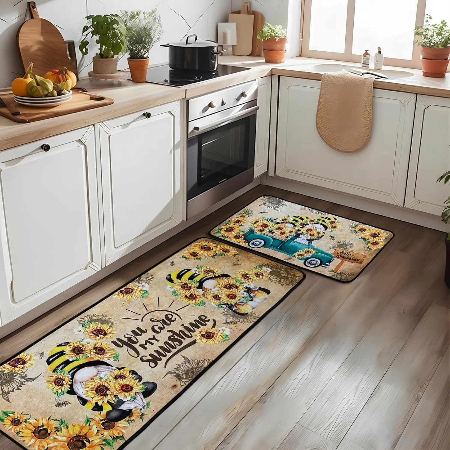 Sunflower Kitchen Rugs,Non Skid Washable Microfiber mats for Kitchen Floor,Bee Truck Theme Kitchen Cushioned Runner Rug Decor Sets of 2 Pieces,17"x 47" 17"x 30"
