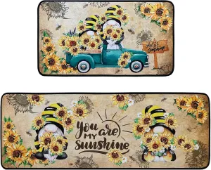 Sunflower Kitchen Rugs,Non Skid Washable Microfiber mats for Kitchen Floor,Bee Truck Theme Kitchen Cushioned Runner Rug Decor Sets of 2 Pieces,17"x 47" 17"x 30"