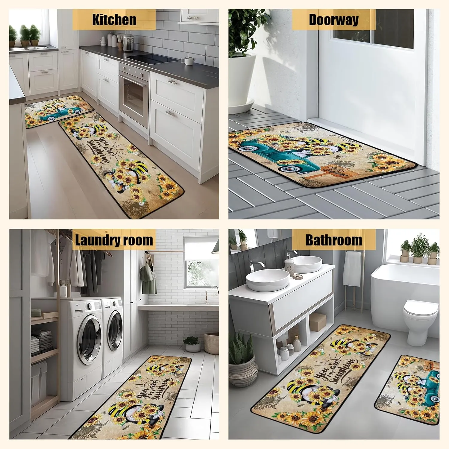 Sunflower Kitchen Rugs,Non Skid Washable Microfiber mats for Kitchen Floor,Bee Truck Theme Kitchen Cushioned Runner Rug Decor Sets of 2 Pieces,17"x 47" 17"x 30"