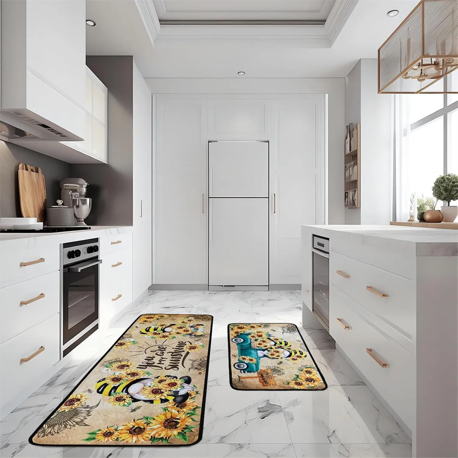 Sunflower Kitchen Rugs,Non Skid Washable Microfiber mats for Kitchen Floor,Bee Truck Theme Kitchen Cushioned Runner Rug Decor Sets of 2 Pieces,17"x 47" 17"x 30"