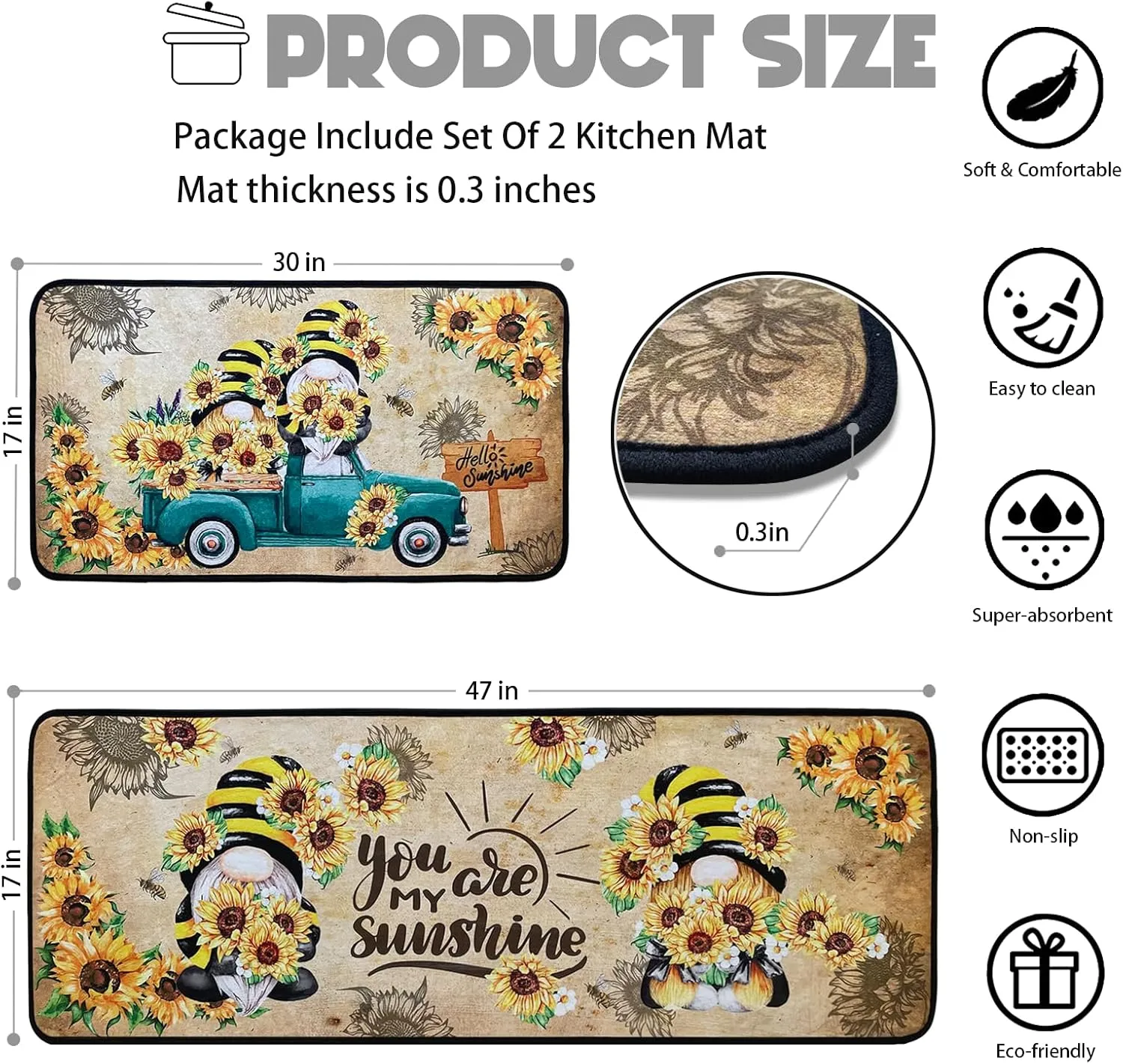 Sunflower Kitchen Rugs,Non Skid Washable Microfiber mats for Kitchen Floor,Bee Truck Theme Kitchen Cushioned Runner Rug Decor Sets of 2 Pieces,17"x 47" 17"x 30"