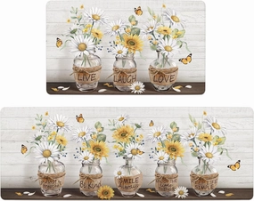 Sunflower Kitchen Rugs Sets of 2 Daisy Farmhouse Kitchen Decor Mats Anti Fatigue Cushioned Kitchen Floor Mats Non Skid Washable Comfort Runner Mat for Home Sink (Yellow White, 17.5"x29.5" 17.5"x47")