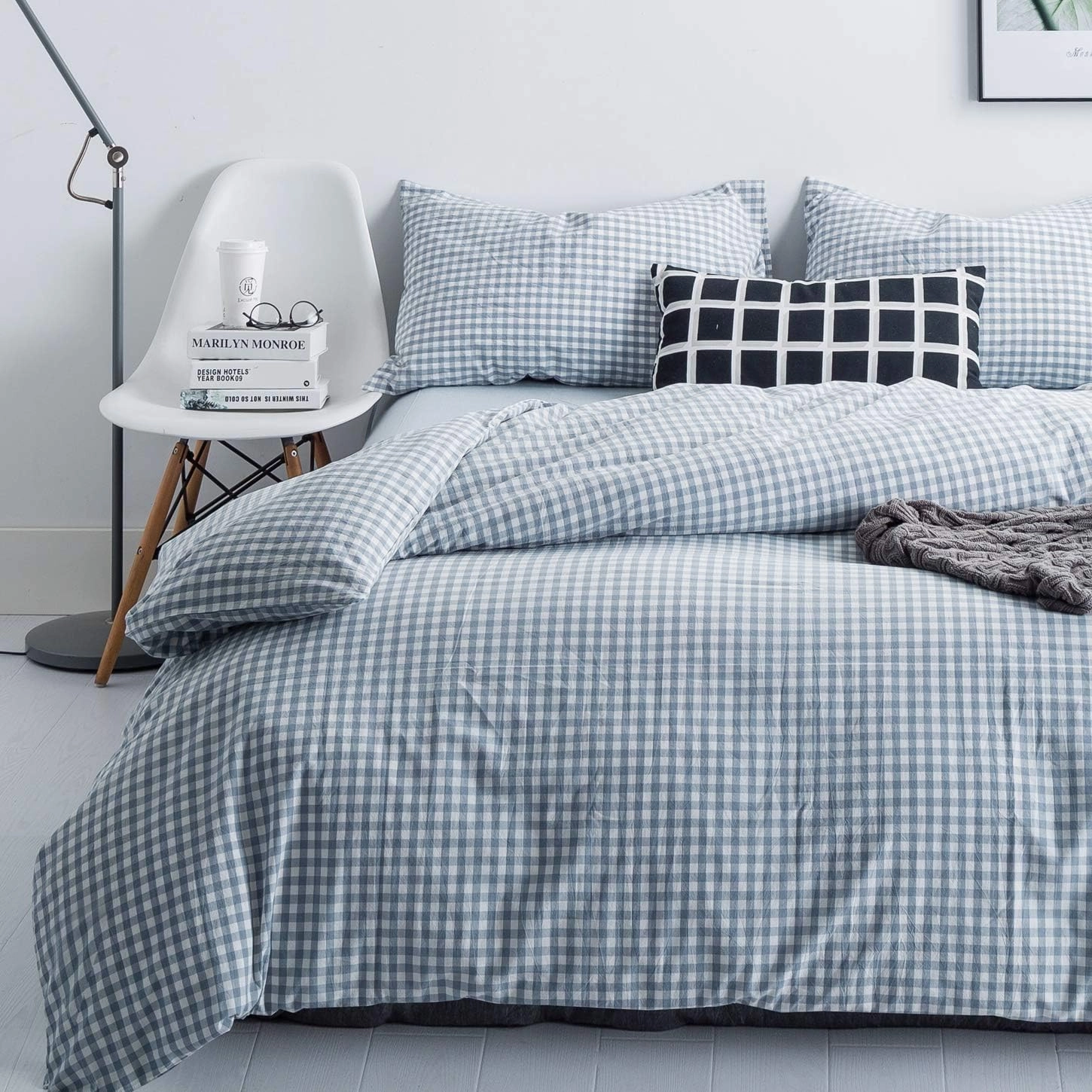 SUSYBAO Gingham Duvet Cover King 100% Washed Cotton Light Blue Plaid Duvet Cover 3 Pieces Set 1 Blue Grid Duvet Cover with Zipper Ties 2 Pillowcases Luxury Soft Gingham Bedding Set Breathable Durable