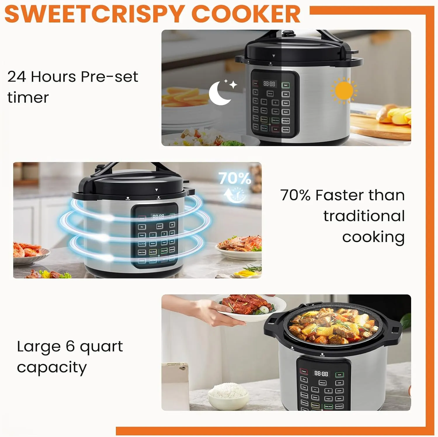 Sweetcrispy 8QT Electric Pressure Cooker,16-in-1 Instant Multi Kitchen Appliances, Slow Cooking Pot Rice Steamer Yogurt Maker, Stainless Steel