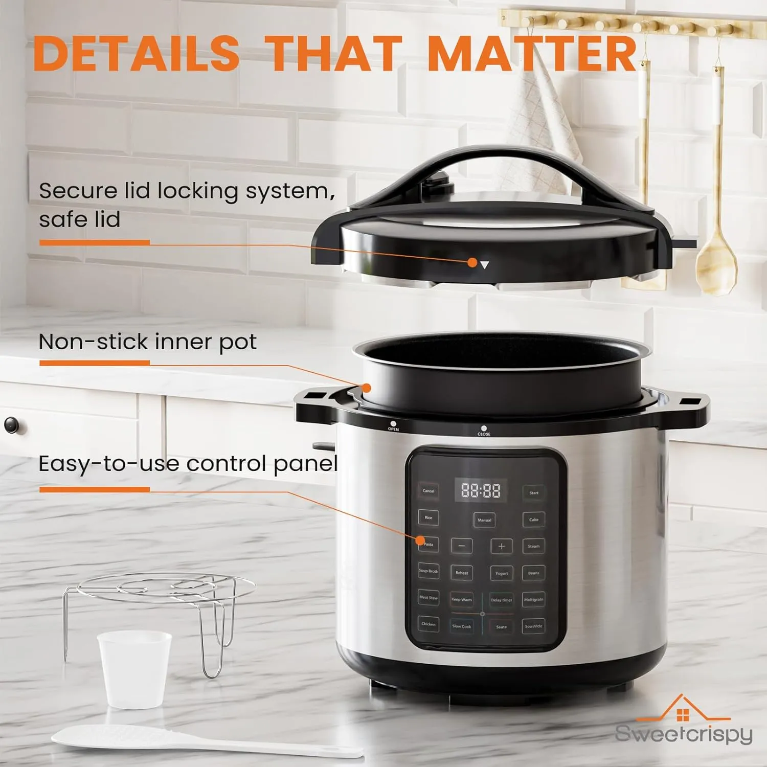 Sweetcrispy 8QT Electric Pressure Cooker,16-in-1 Instant Multi Kitchen Appliances, Slow Cooking Pot Rice Steamer Yogurt Maker, Stainless Steel