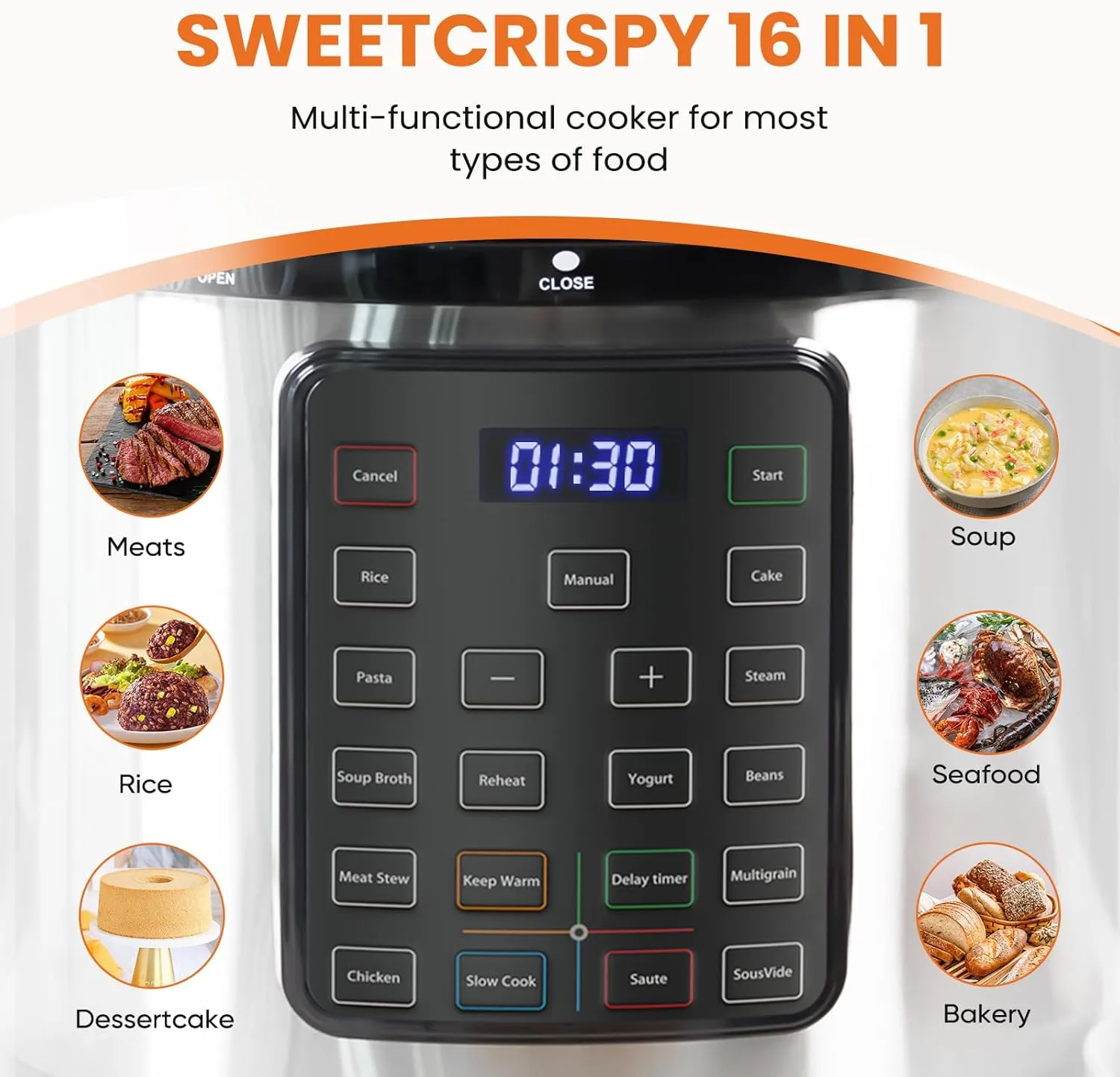 Sweetcrispy 8QT Electric Pressure Cooker,16-in-1 Instant Multi Kitchen Appliances, Slow Cooking Pot Rice Steamer Yogurt Maker, Stainless Steel