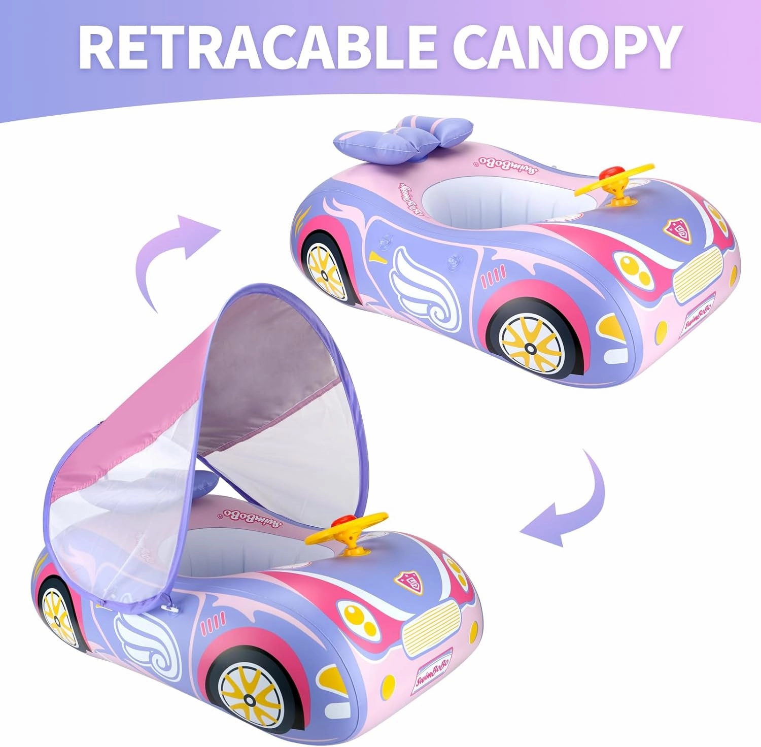 Swimbobo Toddler Pool Float Inflatable Car Baby Swim Float with Adjustable Sun Canopy and Safety Seat Pool Toys for Kids 3  Years Old