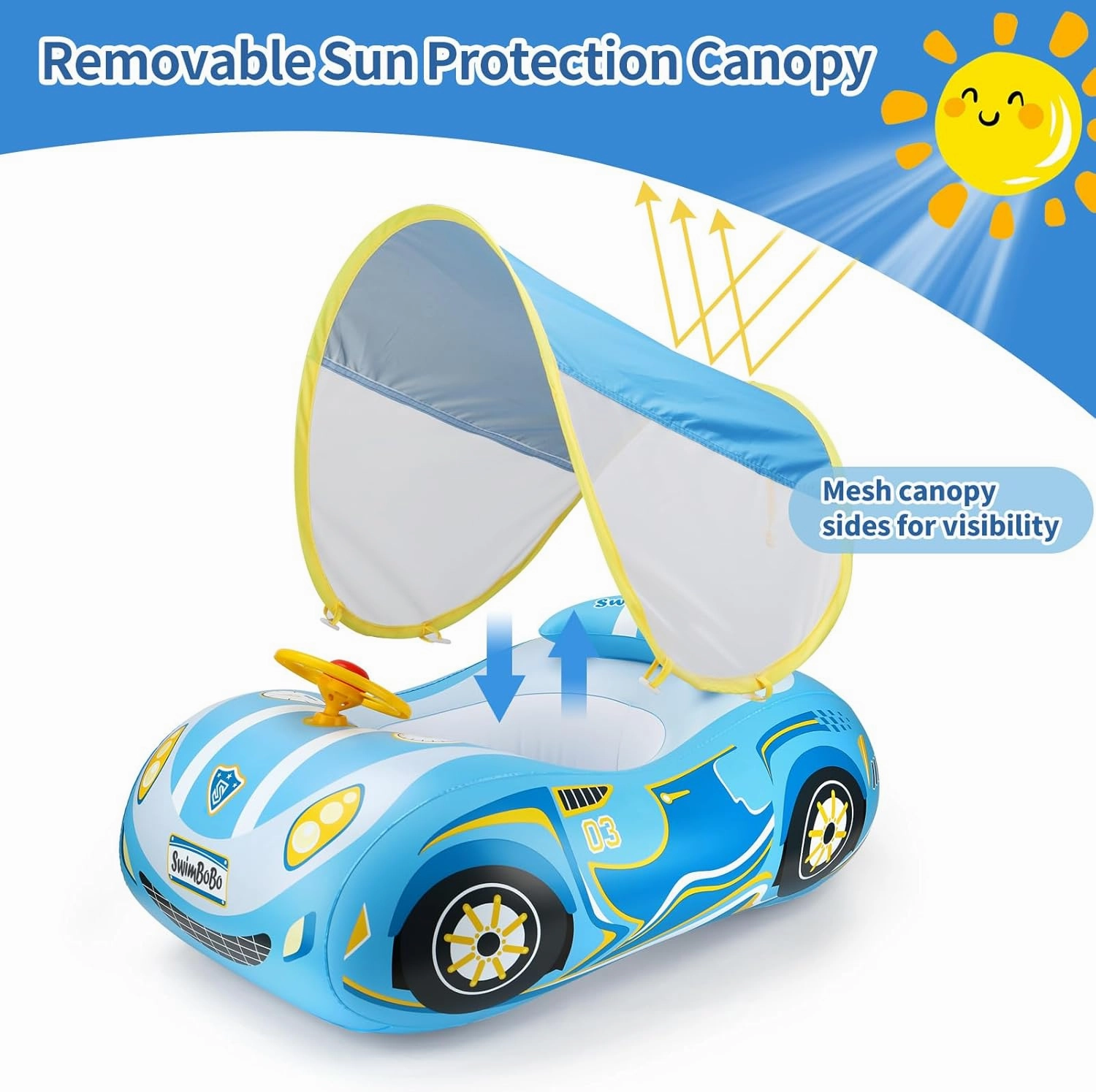 Swimbobo Toddler Pool Float Inflatable Car Baby Swim Float with Adjustable Sun Canopy and Safety Seat Pool Toys for Kids 3  Years Old