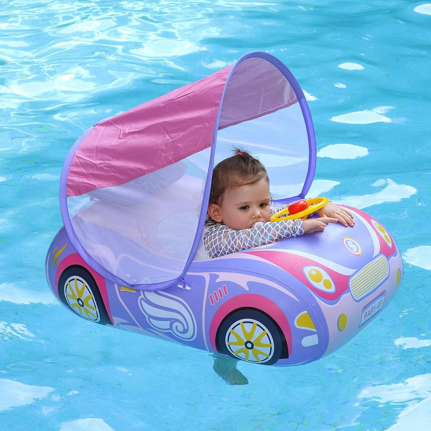 Swimbobo Toddler Pool Float Inflatable Car Baby Swim Float with Adjustable Sun Canopy and Safety Seat Pool Toys for Kids 3  Years Old
