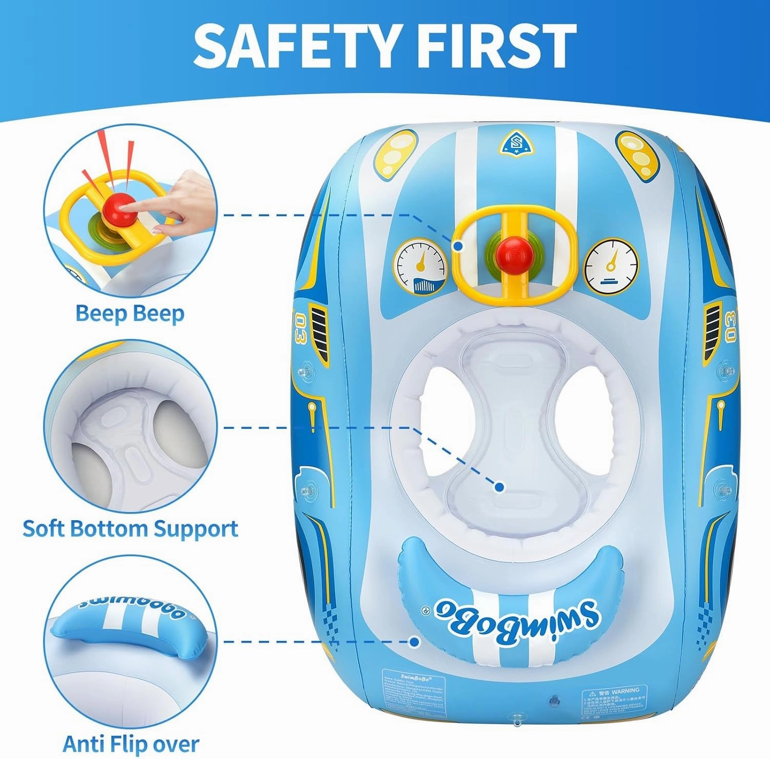 Swimbobo Toddler Pool Float Inflatable Car Baby Swim Float with Adjustable Sun Canopy and Safety Seat Pool Toys for Kids 3  Years Old