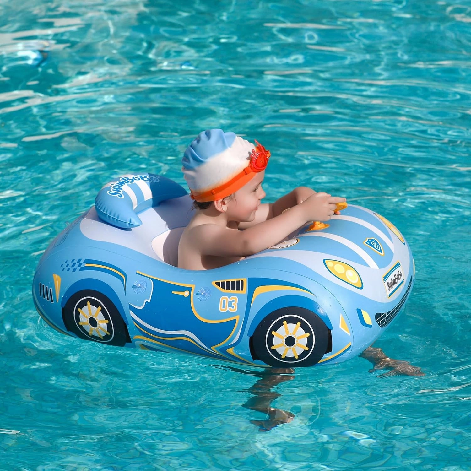 Swimbobo Toddler Pool Float Inflatable Car Baby Swim Float with Adjustable Sun Canopy and Safety Seat Pool Toys for Kids 3  Years Old