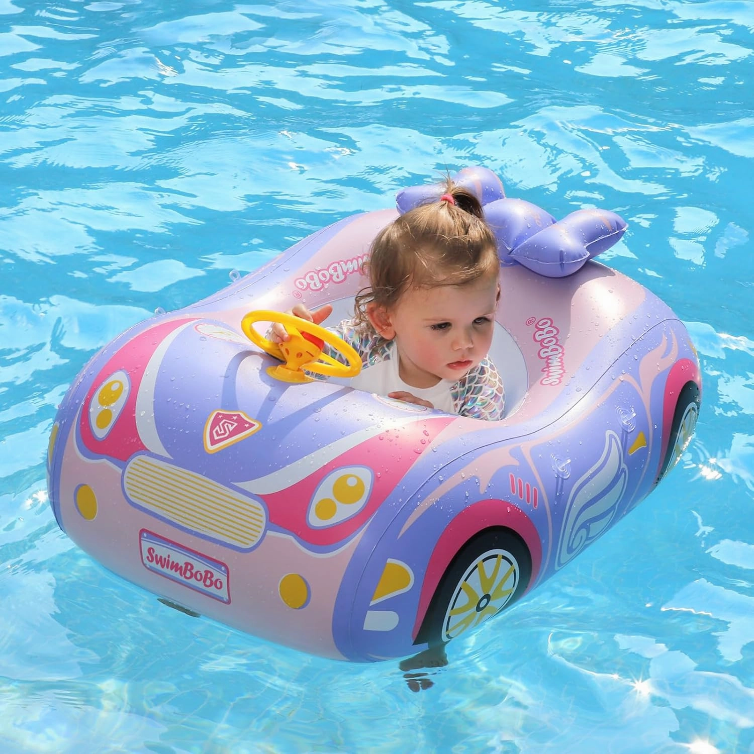 Swimbobo Toddler Pool Float Inflatable Car Baby Swim Float with Adjustable Sun Canopy and Safety Seat Pool Toys for Kids 3  Years Old