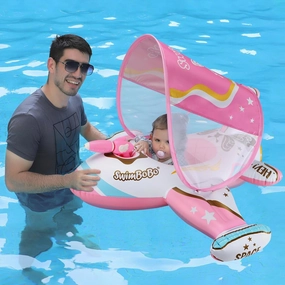 Swimbobo Toddler Pool Float Inflatable Car Baby Swim Float with Adjustable Sun Canopy and Safety Seat Pool Toys for Kids 3  Years Old