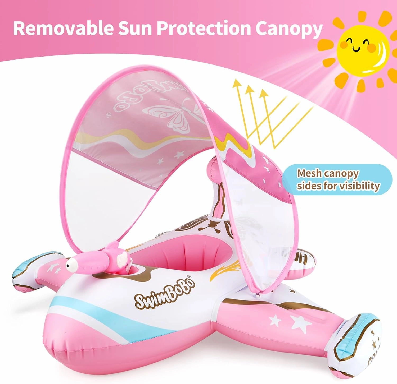 Swimbobo Toddler Pool Float Inflatable Car Baby Swim Float with Adjustable Sun Canopy and Safety Seat Pool Toys for Kids 3  Years Old