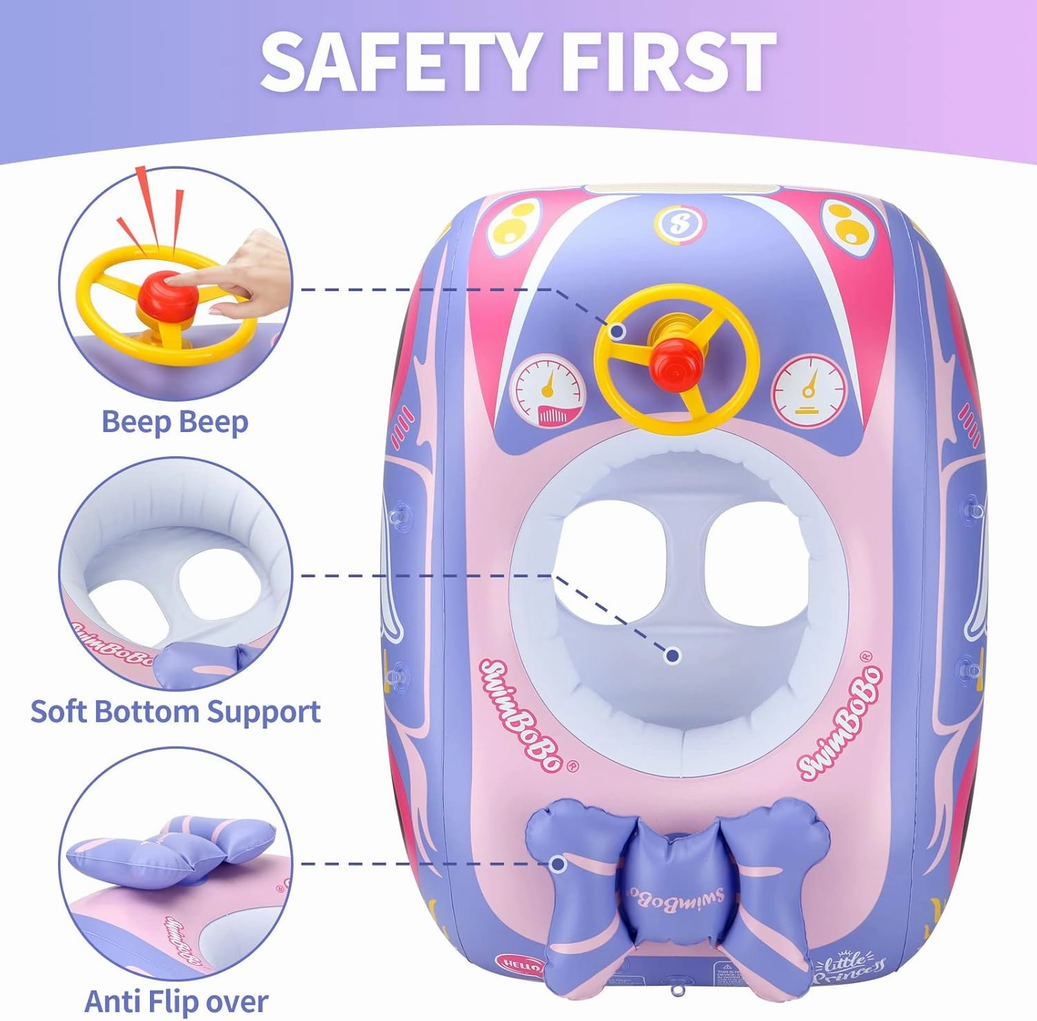 Swimbobo Toddler Pool Float Inflatable Car Baby Swim Float with Adjustable Sun Canopy and Safety Seat Pool Toys for Kids 3  Years Old