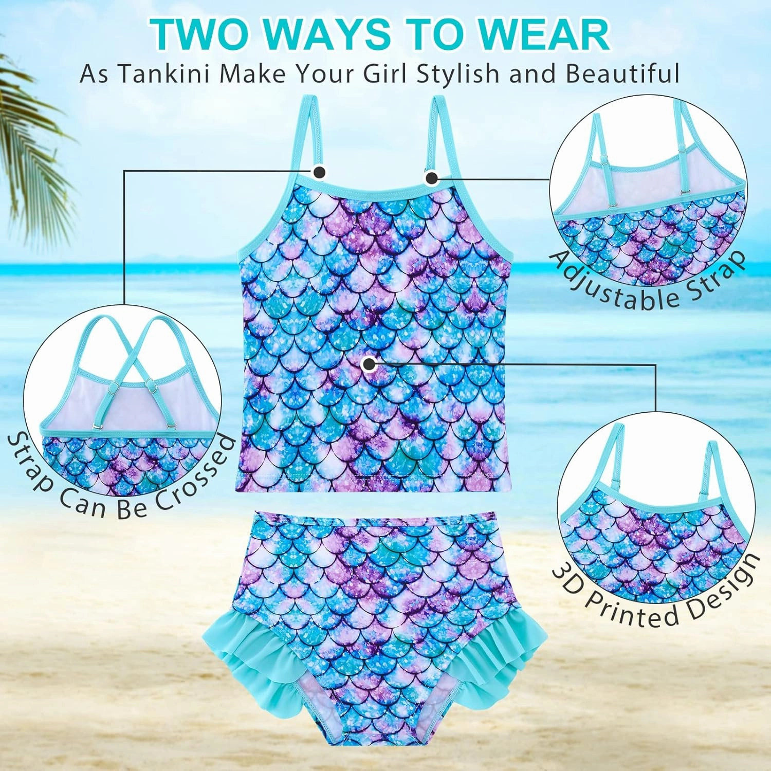 swimsobo Girls 3-Piece Swimsuit Long Sleeve Rash Guard Tankini Sets UPF Sun Proction Bathing Suit 3-10T