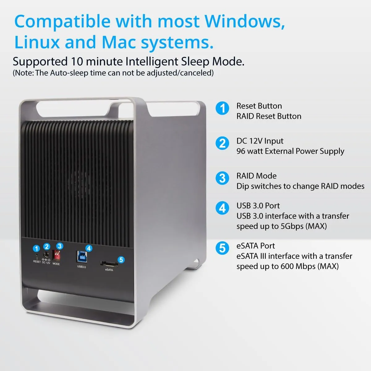 Syba 5 Bay 2.5" and 3.5" SATA HDD External USB 3.0 / eSATA RAID Hard Drive Enclosure - Support 80TB & RAID 0/1/5/10/JBOD Mode