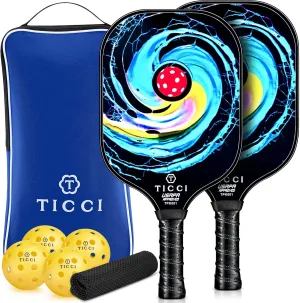 T TICCI Pickleball Paddles Set of 2, USAPA Approved Fiberglass Pickle Ball Paddles with 4 Pickleballs, Lightweight Rackets for Adults & Kids, Includes Carry Bag & Net Bag for Men, Women, Beginners,