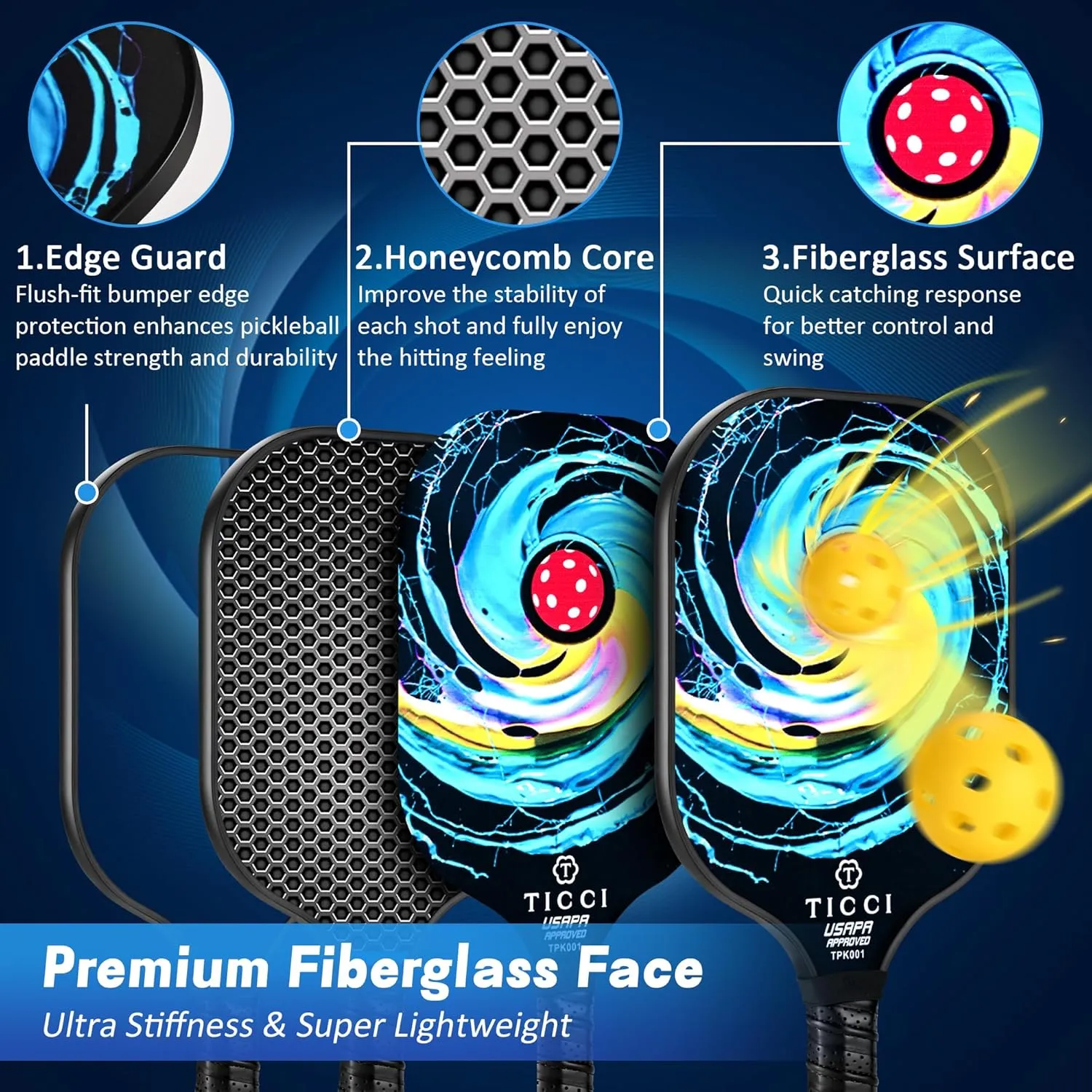 T TICCI Pickleball Paddles Set of 2, USAPA Approved Fiberglass Pickle Ball Paddles with 4 Pickleballs, Lightweight Rackets for Adults & Kids, Includes Carry Bag & Net Bag for Men, Women, Beginners,