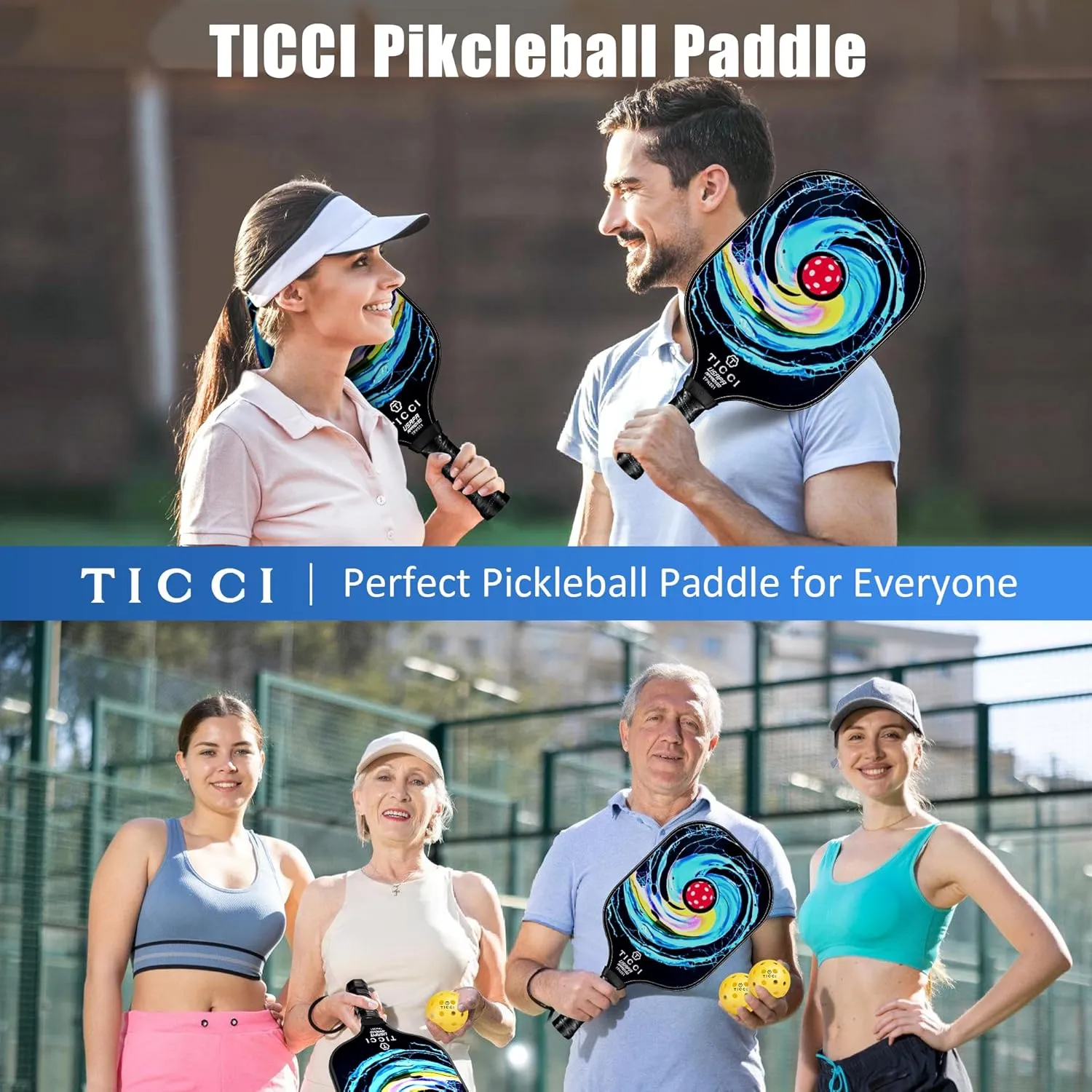 T TICCI Pickleball Paddles Set of 2, USAPA Approved Fiberglass Pickle Ball Paddles with 4 Pickleballs, Lightweight Rackets for Adults & Kids, Includes Carry Bag & Net Bag for Men, Women, Beginners,