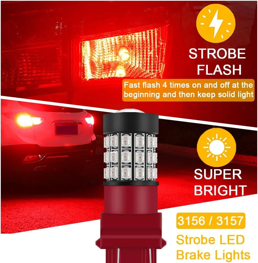 T25 3156 3157 LED Strobe Brake Tail Lights Bulbs, Bright Red Flashing 3057K 4057K 3457 4114 4157KX 3157KK 3157KX 3155 12V Stop Lights 2835 SMD with Projector for Cars, Trucks, Pack of 2