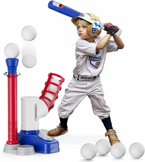 T Ball Sets for Kids 3-5, Tee Ball Set with Step on Pitching Machine/Adjustable Batting Tee/Retractable Baseball Bat/8 Balls, Outdoor Sport Toy Games for Boys Toddlers