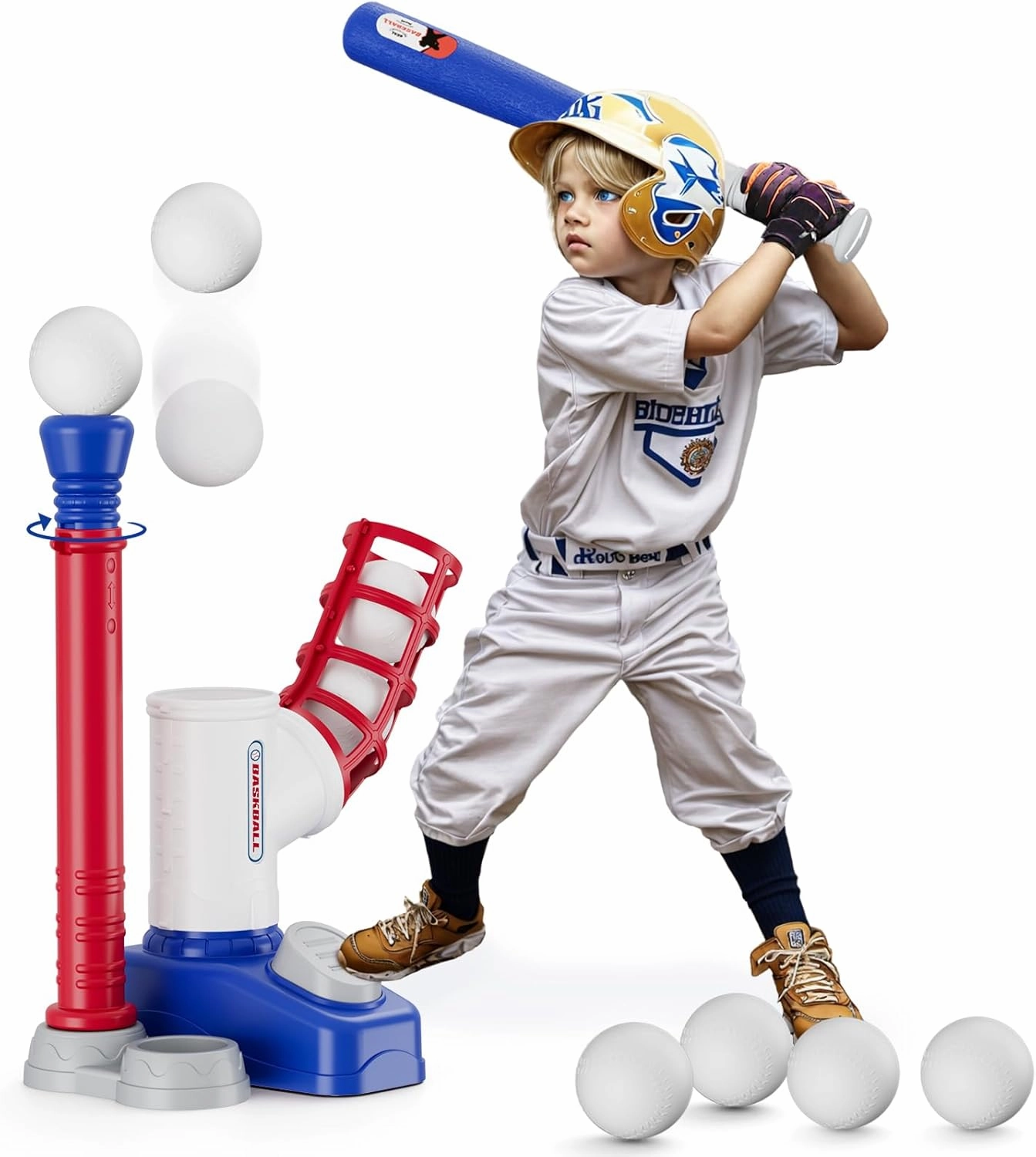T Ball Sets for Kids 3-5, Tee Ball Set with Step on Pitching Machine/Adjustable Batting Tee/Retractable Baseball Bat/8 Balls, Outdoor Sport Toy Games for Boys Toddlers