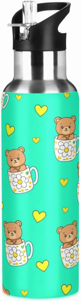 Teacup Bear Sports Water Bottle with Straw, 22oz BPA Free Stainless Steel Vacuum Insulated Bottle for Gym Fitness Outdoor