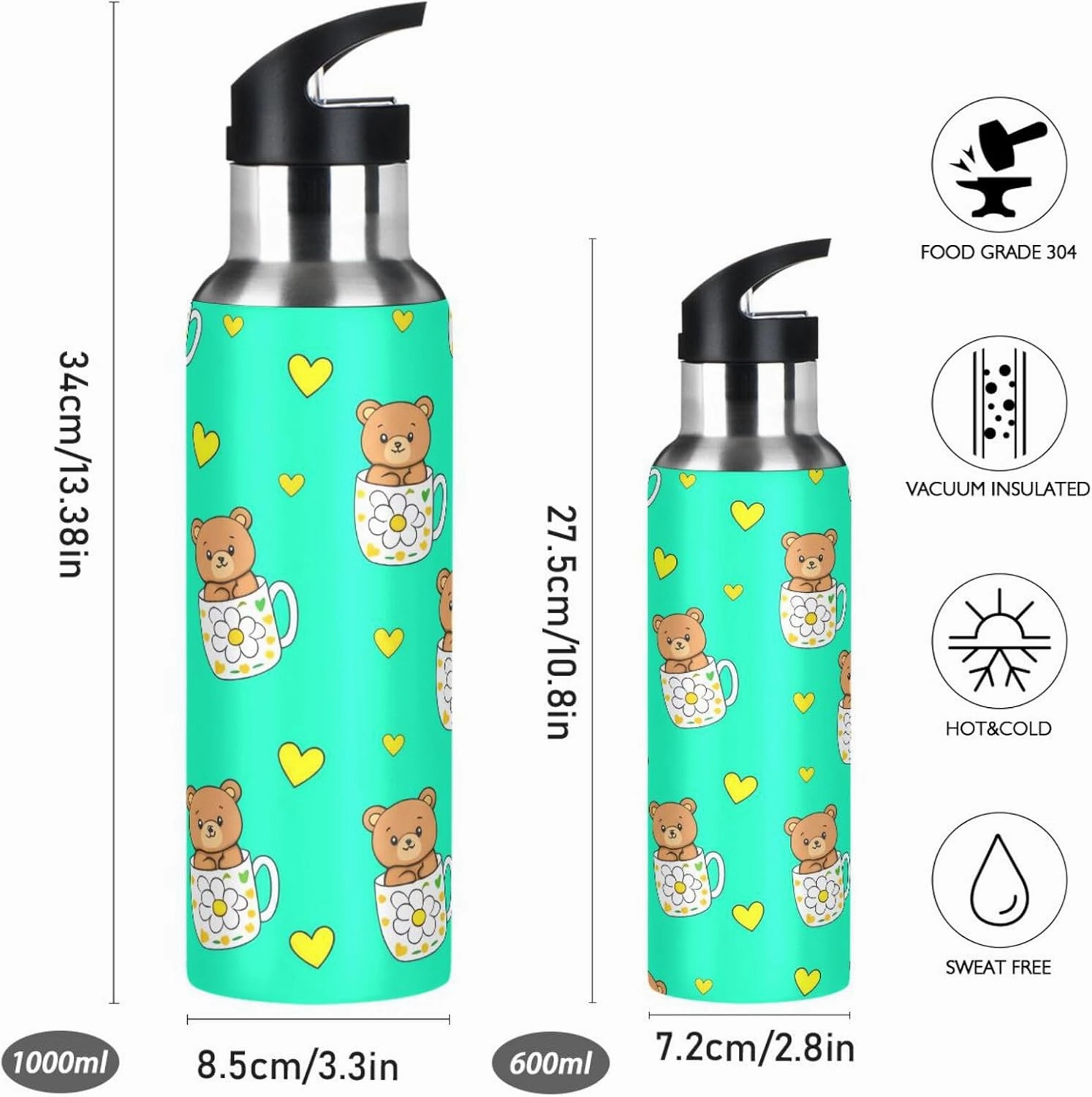 Teacup Bear Sports Water Bottle with Straw, 22oz BPA Free Stainless Steel Vacuum Insulated Bottle for Gym Fitness Outdoor