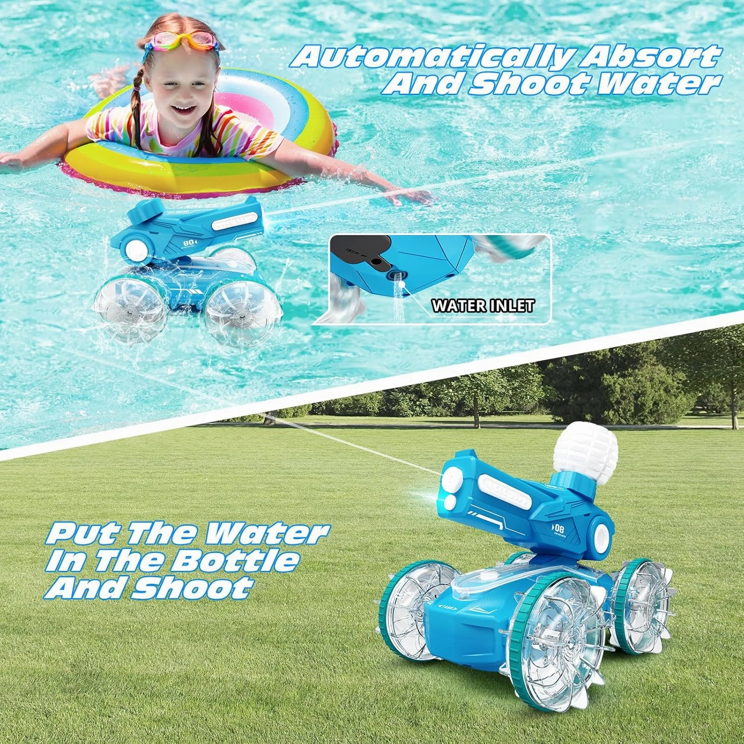 Tecnock Amphibious Remote Control Car Boat for Kids, 2.4GHz 4WD Water Squirt RC Stunt Car with LED Lights, 45-Minute Playtime, Pool Toy Gift for Boys and Girls Ages 6 