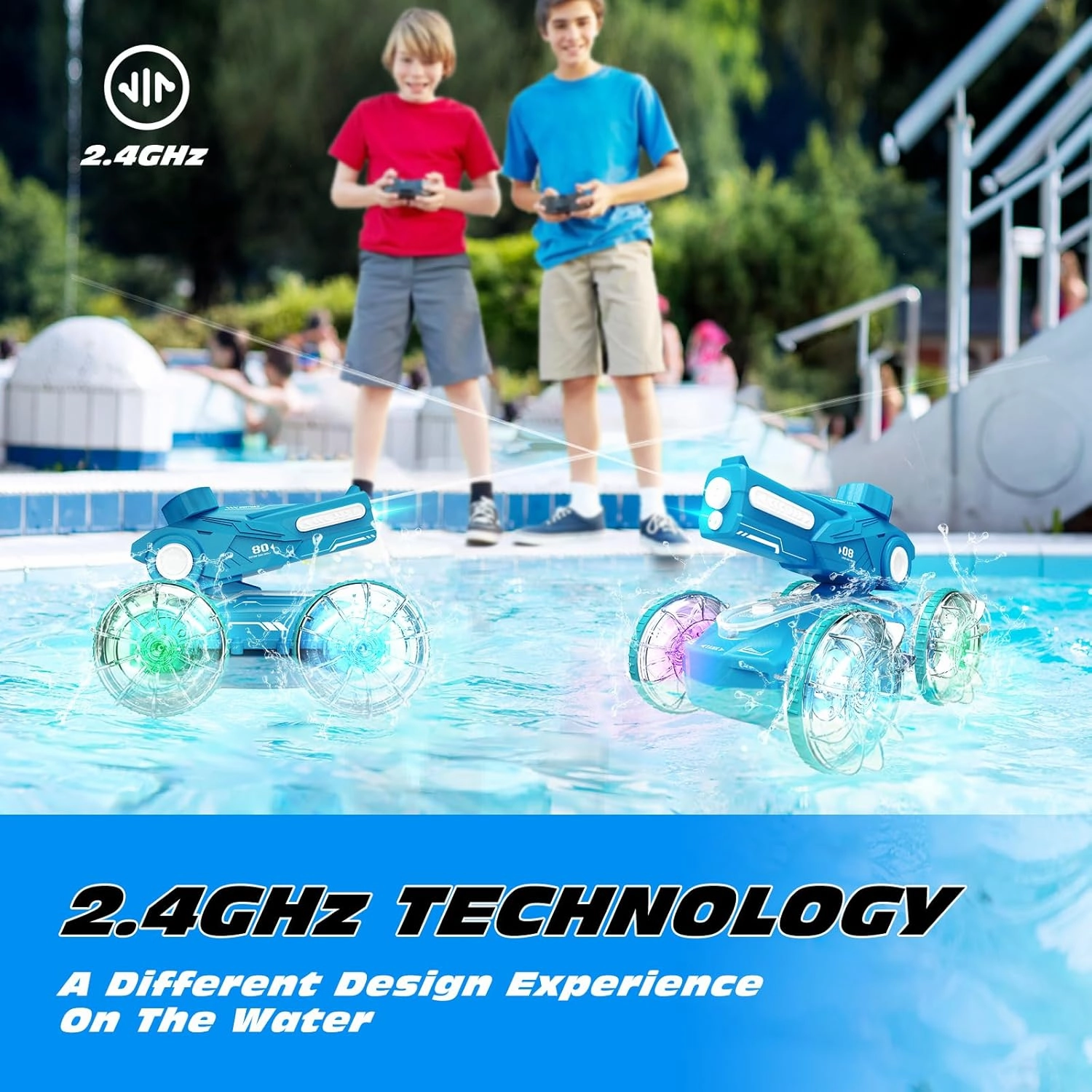 Tecnock Amphibious Remote Control Car Boat for Kids, 2.4GHz 4WD Water Squirt RC Stunt Car with LED Lights, 45-Minute Playtime, Pool Toy Gift for Boys and Girls Ages 6 