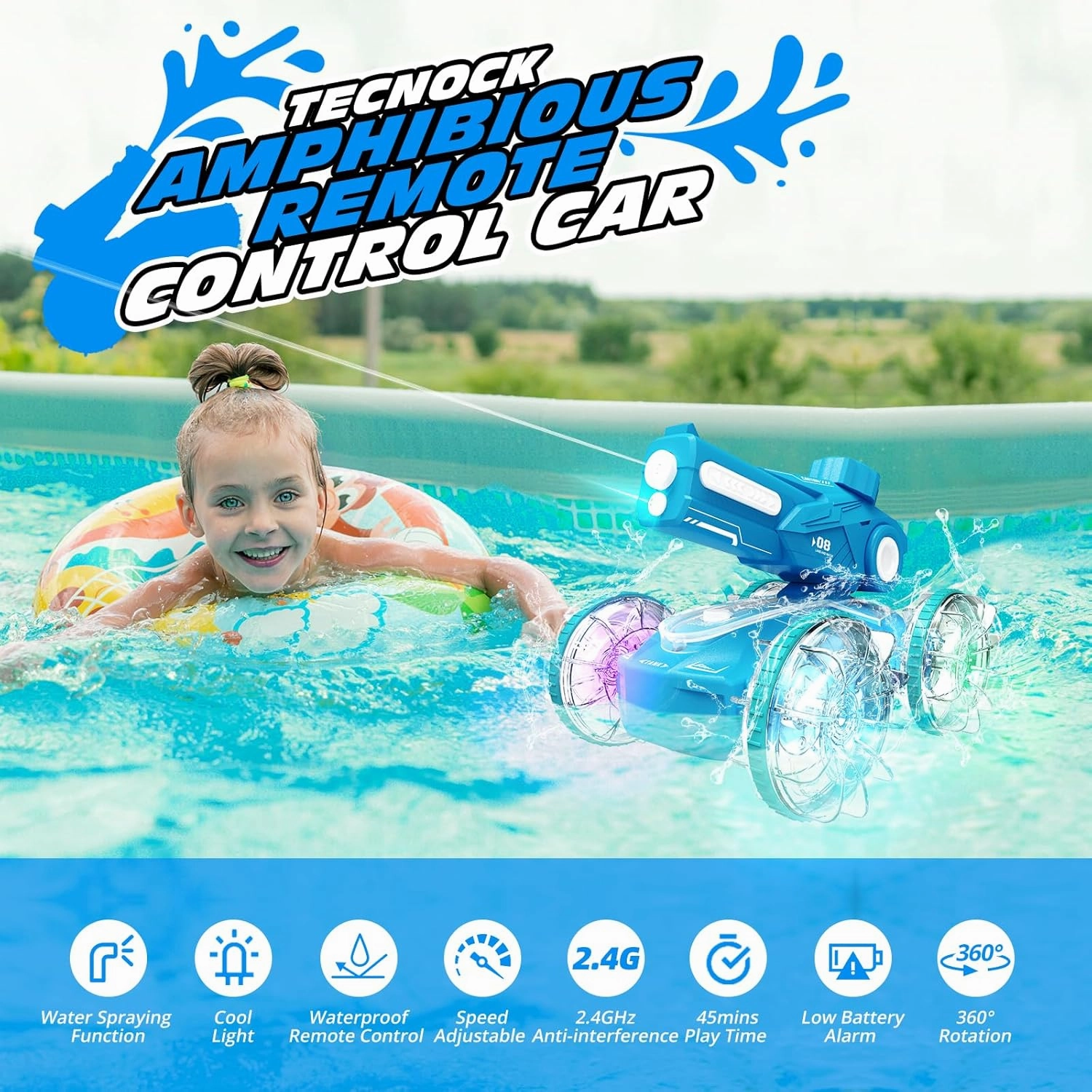 Tecnock Amphibious Remote Control Car Boat for Kids, 2.4GHz 4WD Water Squirt RC Stunt Car with LED Lights, 45-Minute Playtime, Pool Toy Gift for Boys and Girls Ages 6 