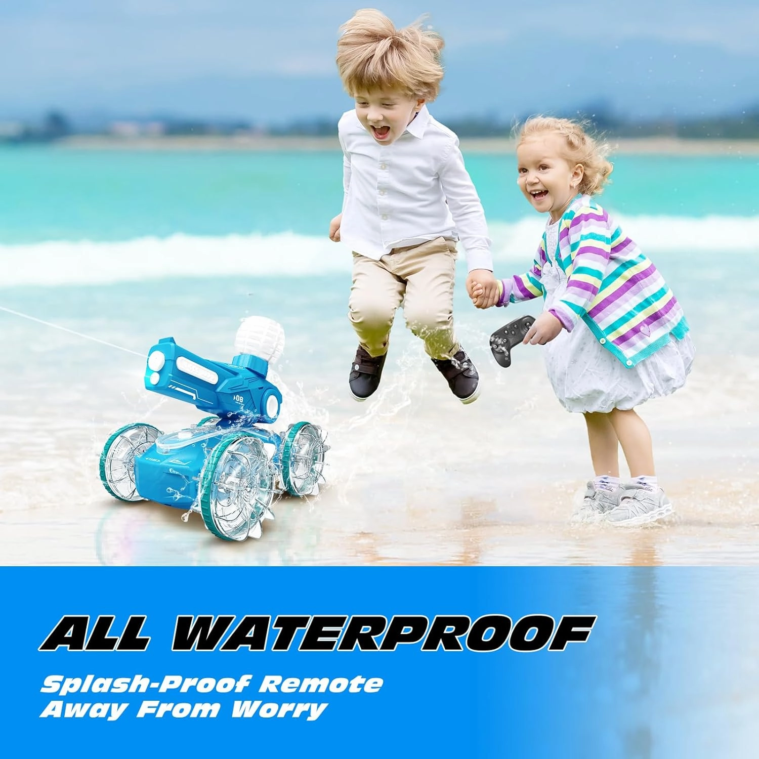 Tecnock Amphibious Remote Control Car Boat for Kids, 2.4GHz 4WD Water Squirt RC Stunt Car with LED Lights, 45-Minute Playtime, Pool Toy Gift for Boys and Girls Ages 6 