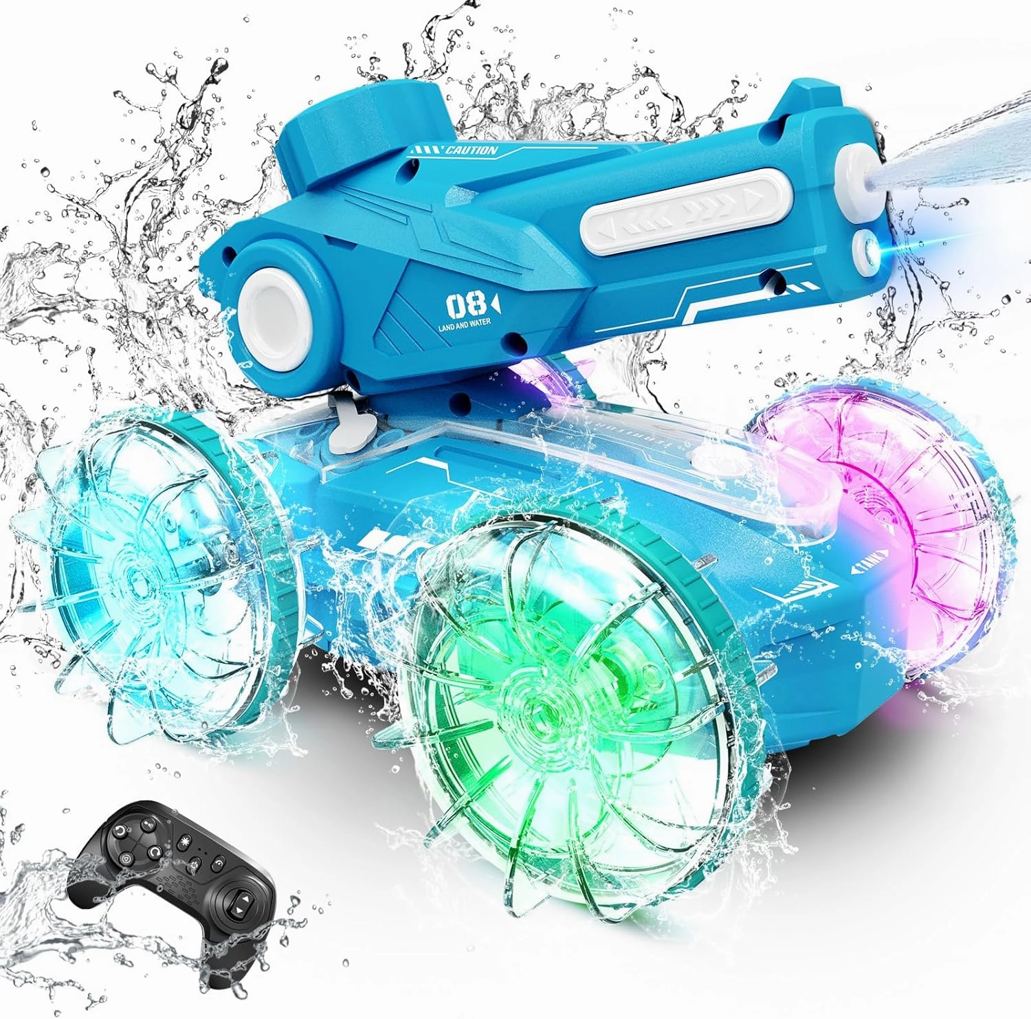 Tecnock Amphibious Remote Control Car Boat for Kids, 2.4GHz 4WD Water Squirt RC Stunt Car with LED Lights, 45-Minute Playtime, Pool Toy Gift for Boys and Girls Ages 6 