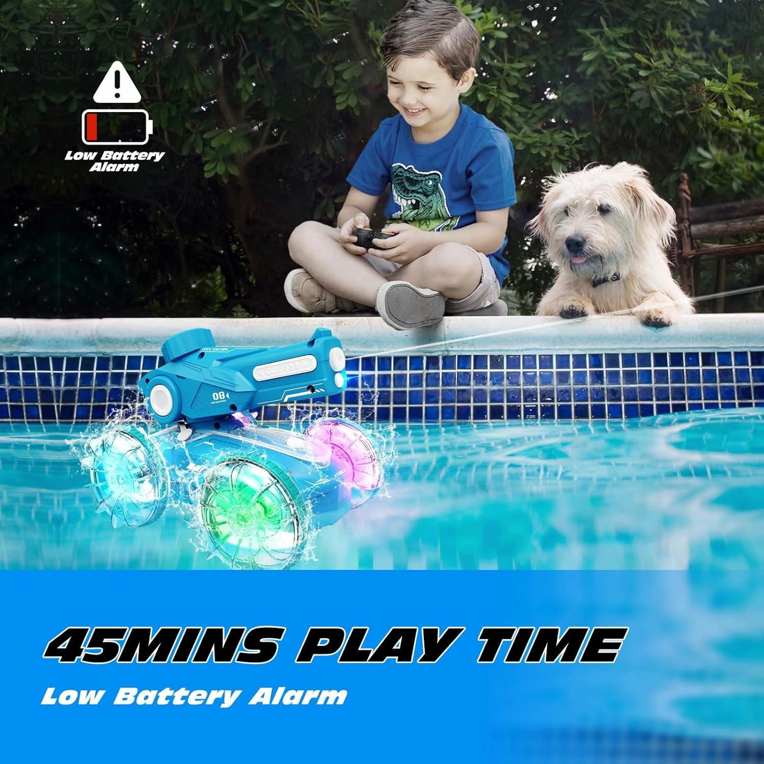 Tecnock Amphibious Remote Control Car Boat for Kids, 2.4GHz 4WD Water Squirt RC Stunt Car with LED Lights, 45-Minute Playtime, Pool Toy Gift for Boys and Girls Ages 6 